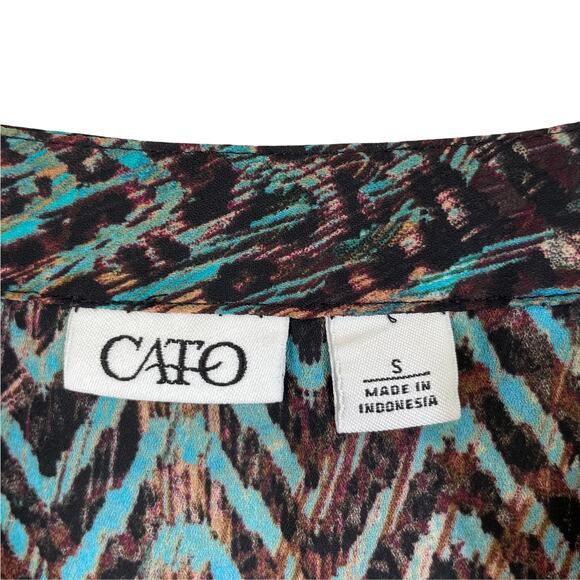 CATO Women's Roll Tab Sleeve Work Blouse Top Abstract Print Turquoise Small Boho - Picture 6 of 8